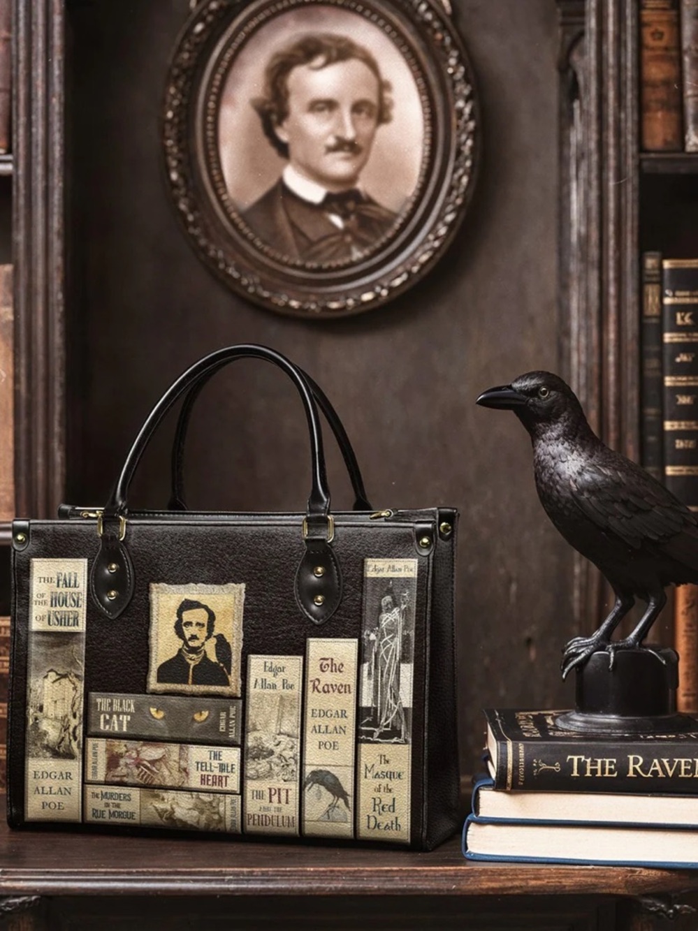 Poe's Library Ashen Large Italian Leather Handbag